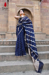 Navy Blue Pure Kora Organza Banarasi Handloom Silk Saree